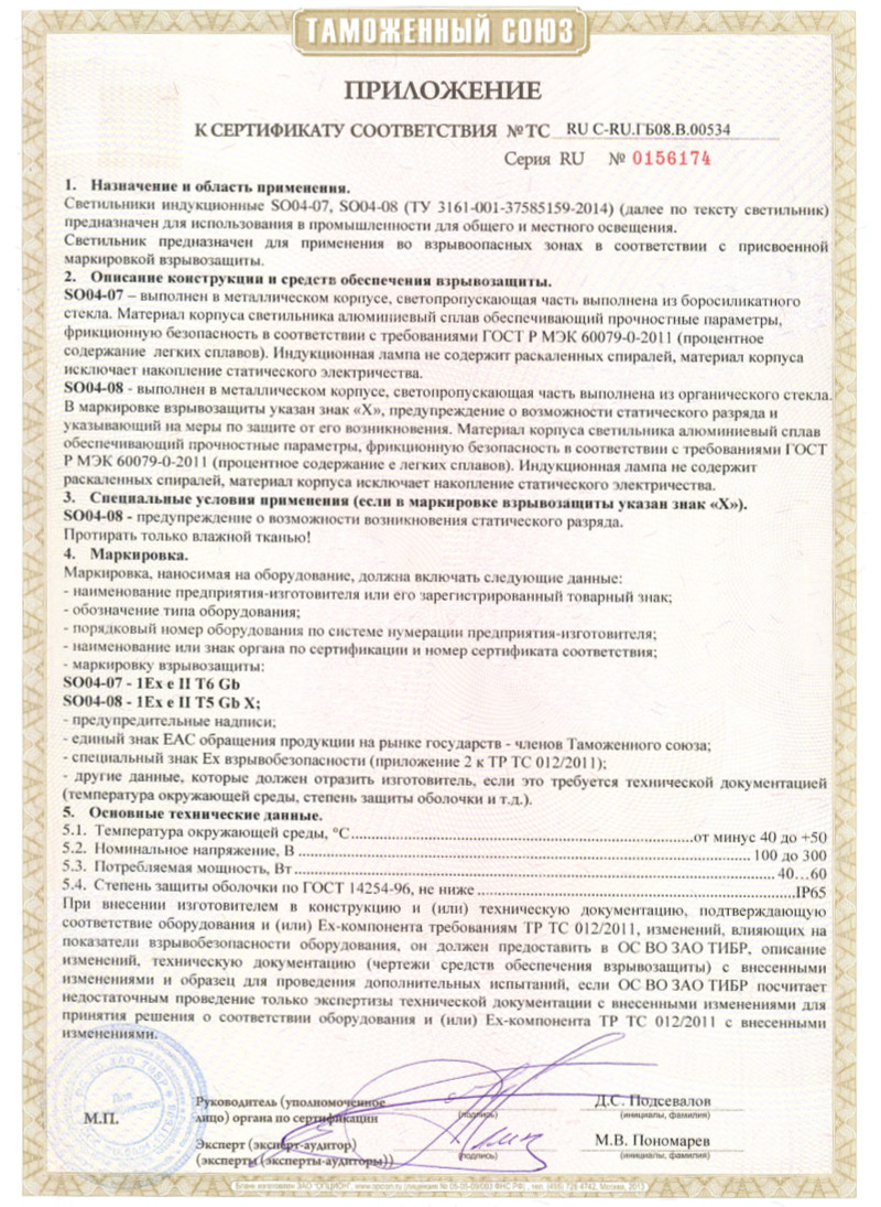Взрывозащищённые индукционные светильники - приложение к сертификату соответствия